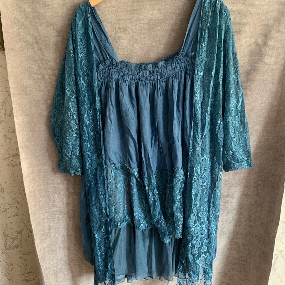 Fancy denim color and lace flouncy top